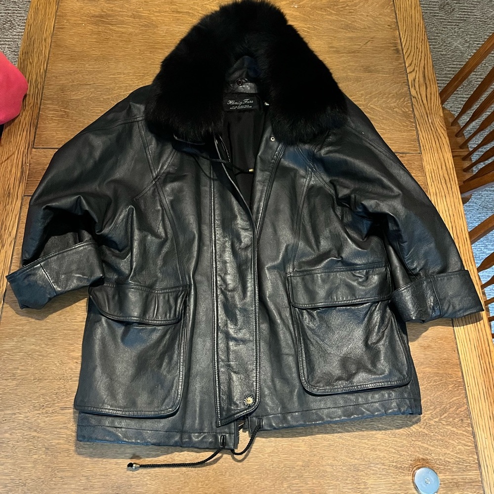 Vintage Henig Furs Leather Coat with Black Fox Fur Trim